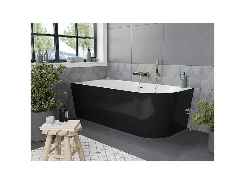Mexen Mia baignoire autoportante d'angle gauche 150 x 75 cm, blanche/noire, trop-plein doré brossé - 52691507575L-55