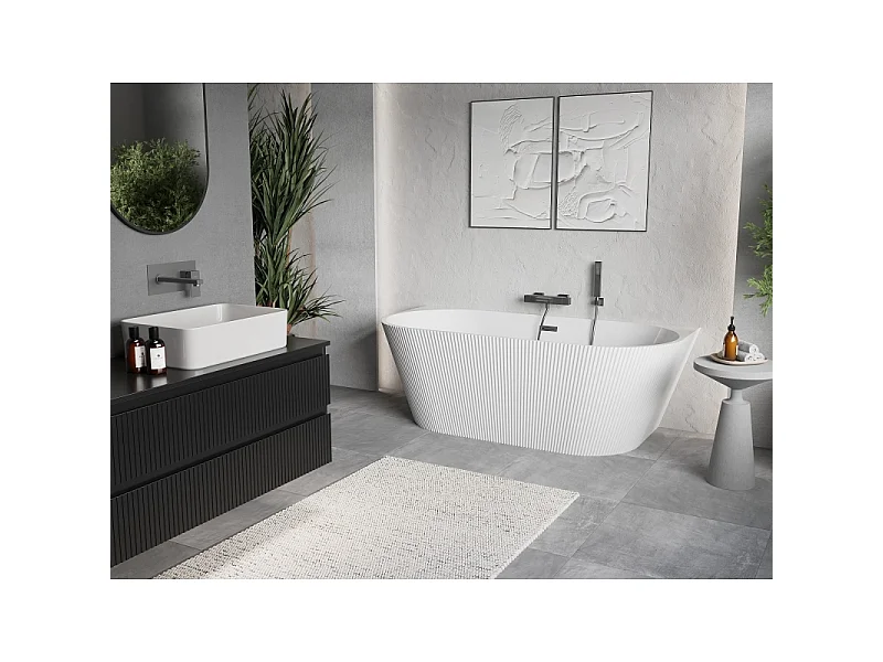 Mexen Oris vrijstaande wandbadkuip geribbeld 150 x 75 cm, wit, overloop gun metal - 52871507500-95