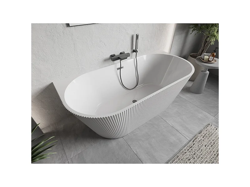 Mexen Oris vrijstaande wandbadkuip geribbeld 150 x 75 cm, wit, overloop gun metal - 52871507500-95