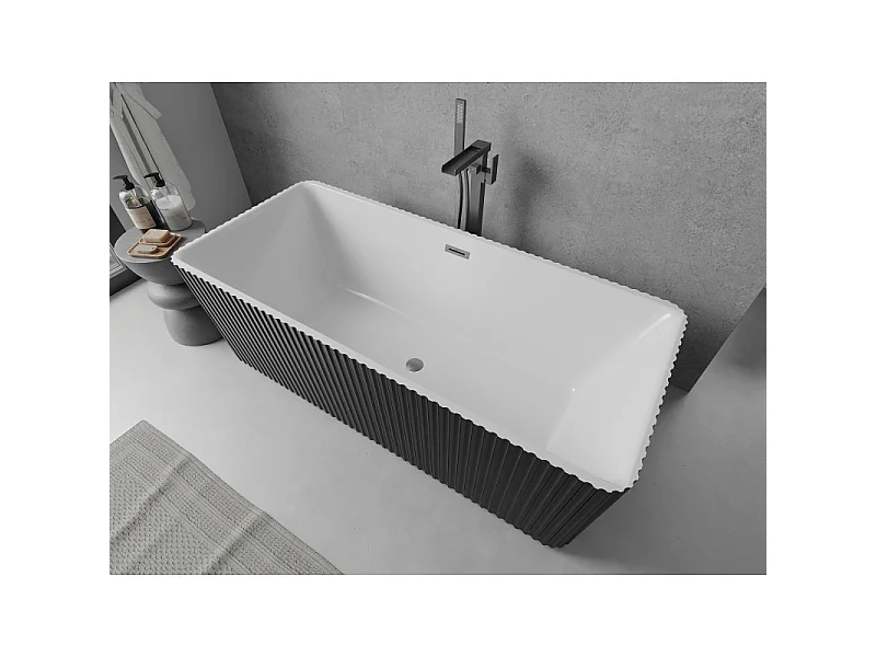 Mexen Nila baignoire autoportante rainurée 170 x 75 cm, blanc/noir, trop-plein gun gray brossé - 52841708075-66