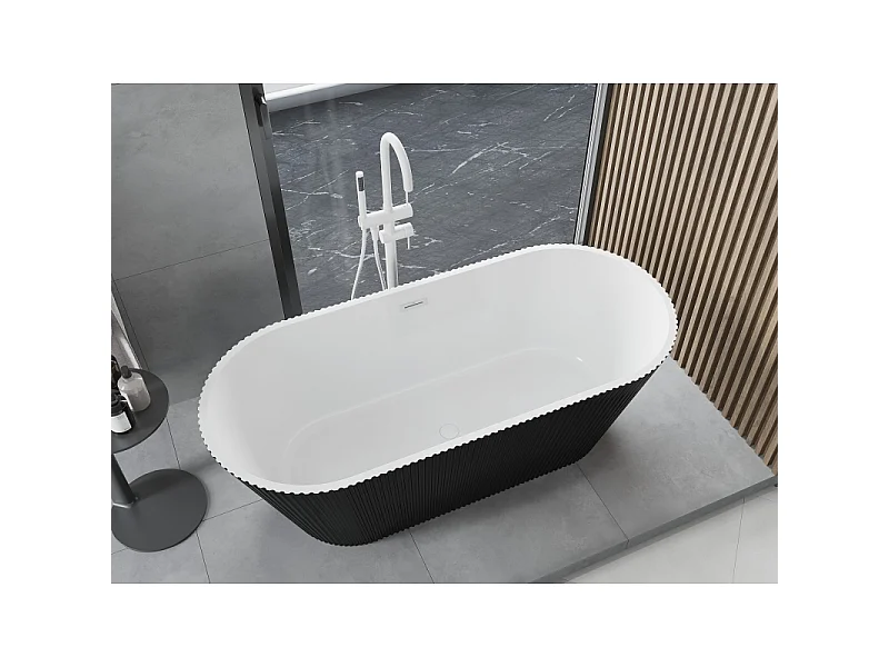 Mexen Yara vrijstaande geribbelde badkuip 170 x 75 cm, wit/zwart, witte overloop - 52861707575-20