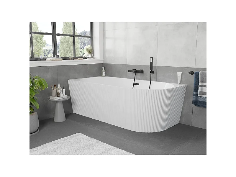 Mexen Silo freestanding corner left fluted bathtub 170 x 80 cm, white, black overflow - 52891708000L-70
