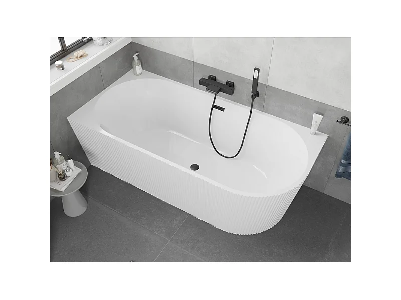 Mexen Silo freestanding corner left fluted bathtub 170 x 80 cm, white, black overflow - 52891708000L-70