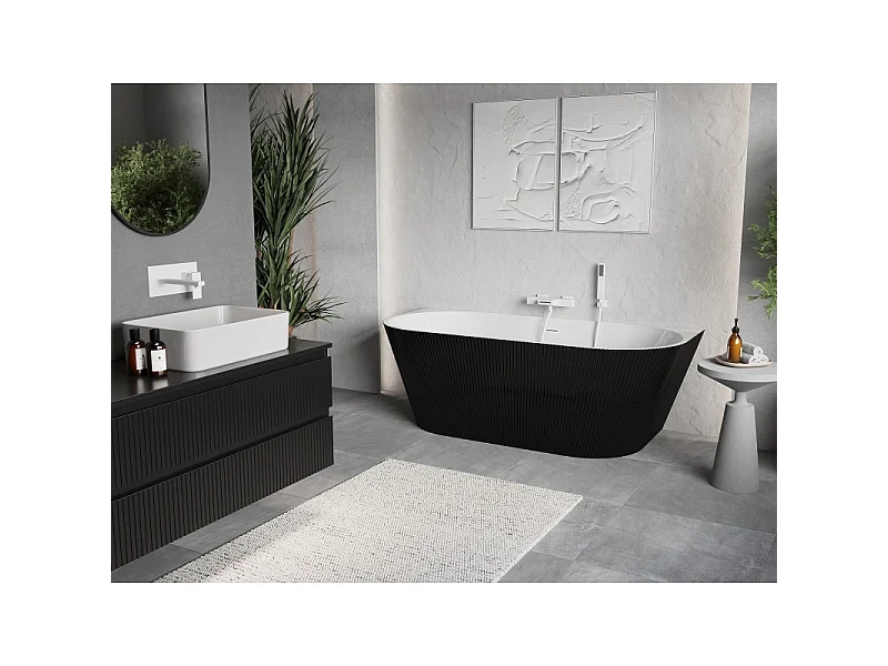 Mexen Oris vrijstaande gegolfde wandbad 170 x 80 cm, wit/zwart, witte overloop - 52871708075-20