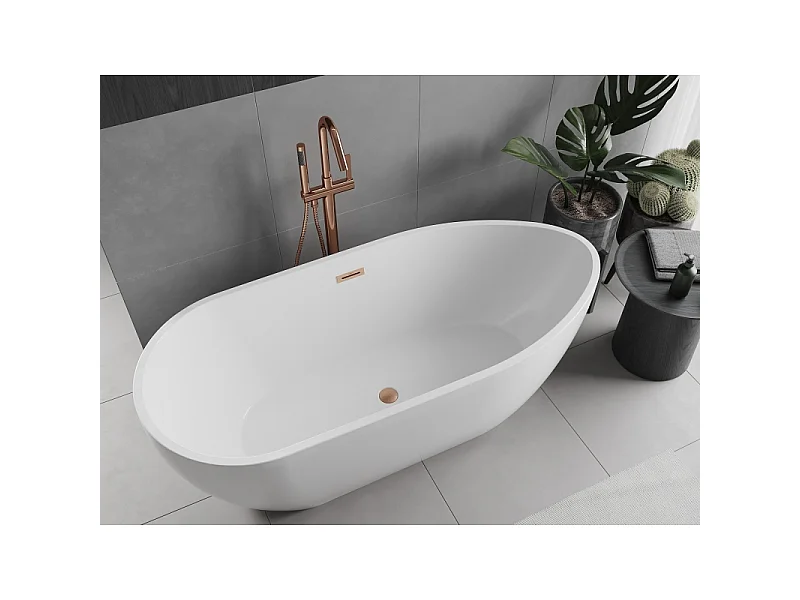 Mexen Eos freistehende Badewanne 150 x 75 cm, weiß, Überlauf gebürstetes Kupfer - 52471507500-65