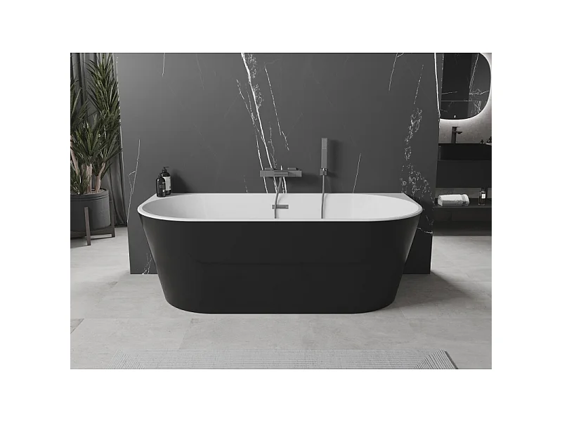 Mexen Oval fritstående badekar mod væg 160 x 80 cm, hvid/sort, overløb børstet gun grå - 52671608075-66
