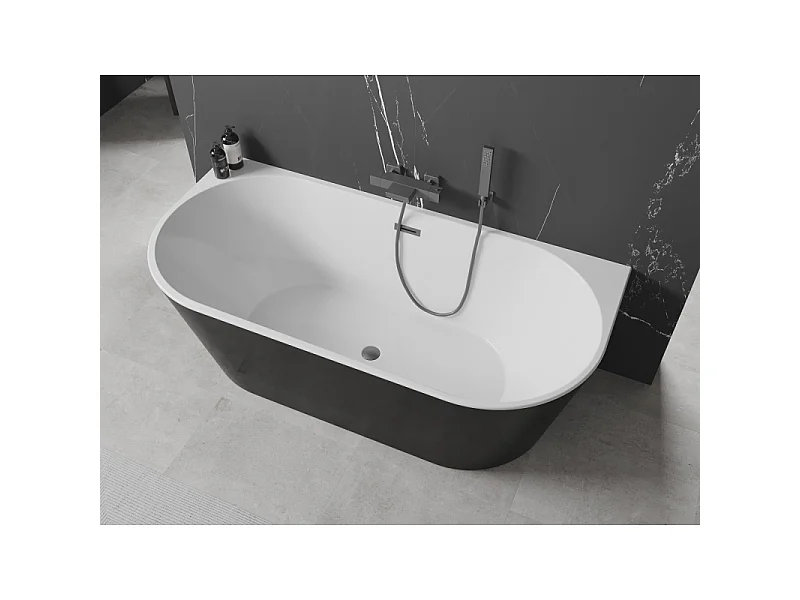 Mexen Oval fritstående badekar mod væg 160 x 80 cm, hvid/sort, overløb børstet gun grå - 52671608075-66