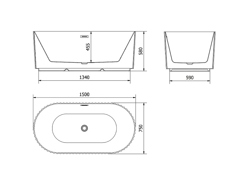Mexen Paola baignoire autoportante rainurée 150 x 75 cm, noir mat, trop-plein gris gun brossé - 52721507571-66