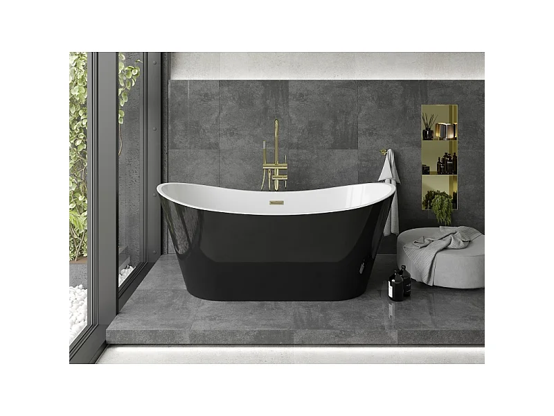 Mexen Montana freistehende Badewanne 180 x 90 cm, weiß/schwarz, Überlauf gold gebürstet - 52011809075-55
