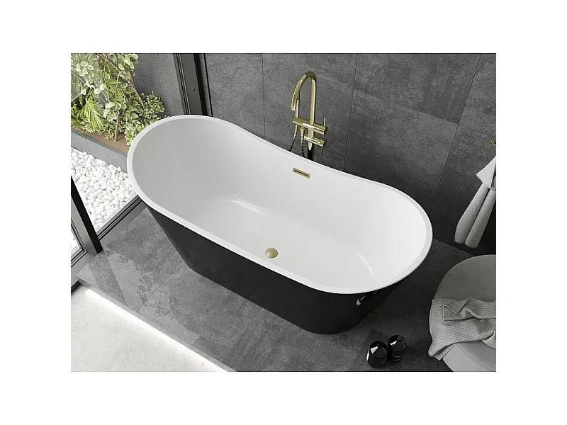Mexen Montana freistehende Badewanne 180 x 90 cm, weiß/schwarz, Überlauf gold gebürstet - 52011809075-55