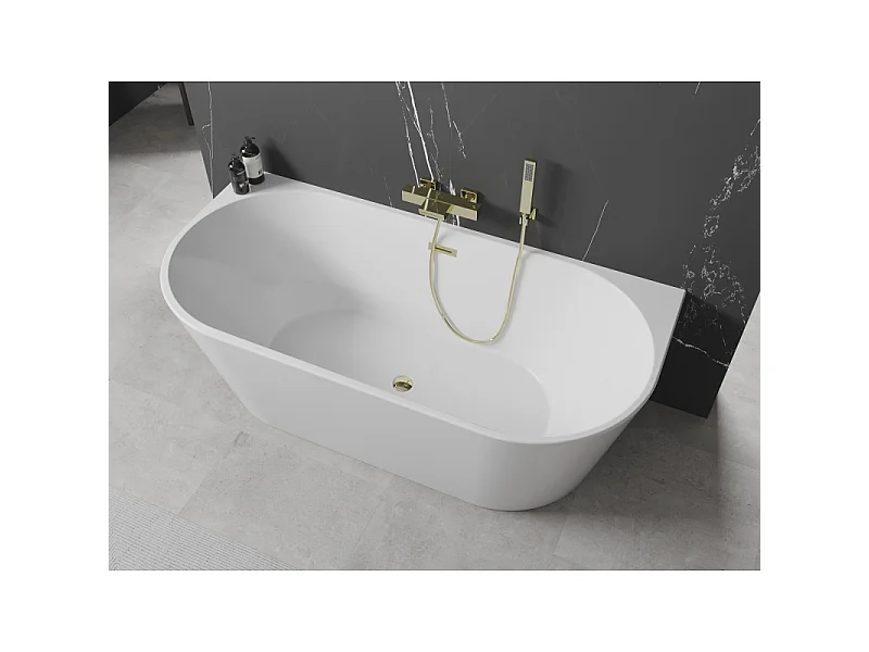 Mexen Oval fritstående badekar til væg 140 x 75 cm, hvid, guld overløb - 52671407500-50