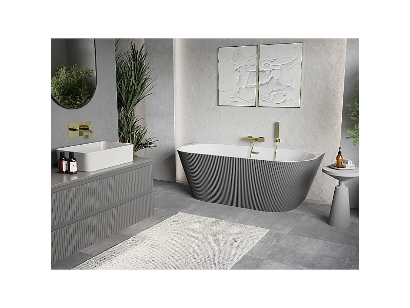 Mexen Oris vrijstaande badkuip tegen de wand met groeven 150 x 75 cm, wit/grijs, overloop goud - 52871507562-50