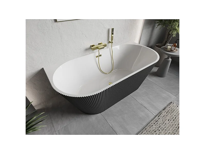Mexen Oris vrijstaande badkuip tegen de wand met groeven 150 x 75 cm, wit/grijs, overloop goud - 52871507562-50