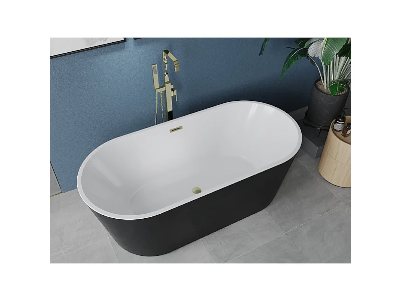 Mexen Luna fritstående badekar 170 x 80 cm, hvid/sort, overløb i børstet guld - 52031708075-55