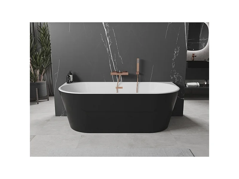 Mexen Oval fritstående badekar ved væg 140 x 75 cm, hvid/sort, overløb roseguld - 52671407575-60