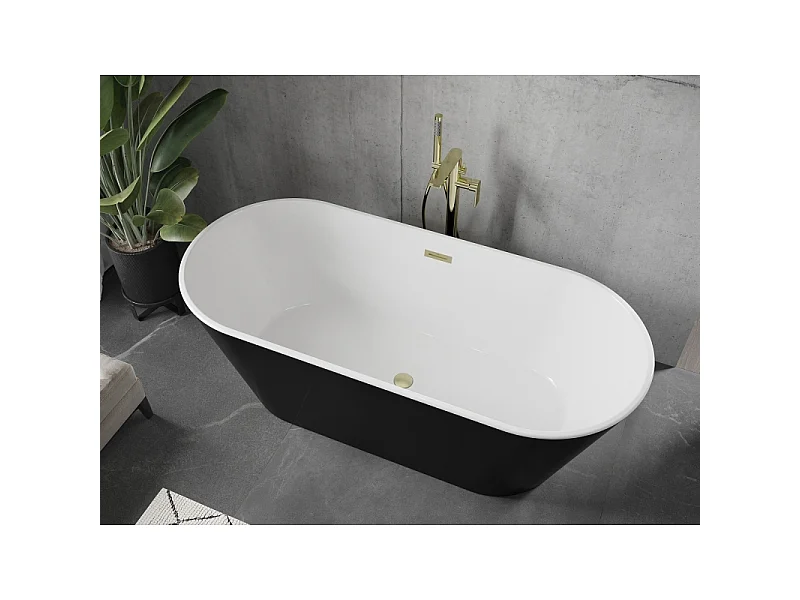 Mexen Flavia fritstående badekar 160 x 75 cm, hvid/sort, overløb børstet guld - 54031608075-55