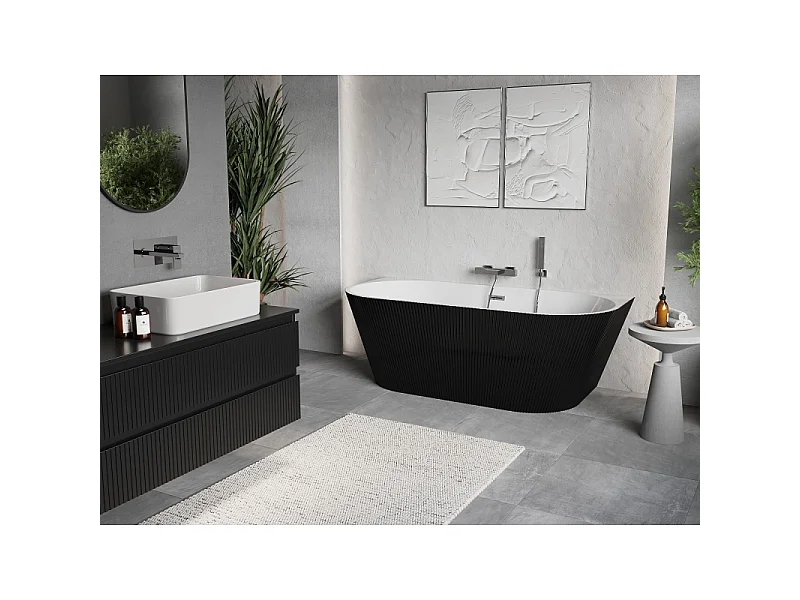 Mexen Oris fritstående ribbet badekar til væg 170 x 80 cm, hvid/sort, krom overløb - 52871708075-01