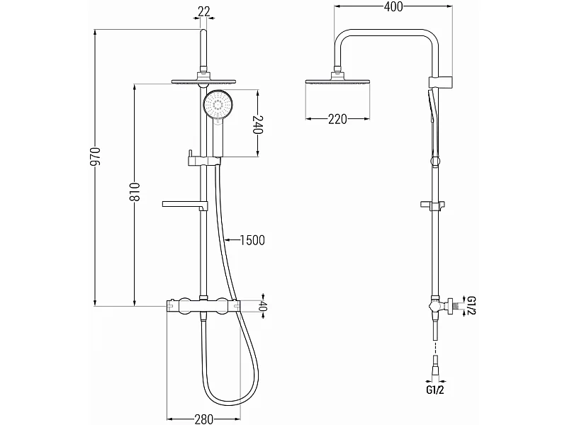 Mexen KX40 conjunto de duche de superfície com chuveiro de teto e misturadora termostática, cromado - 771504091-00