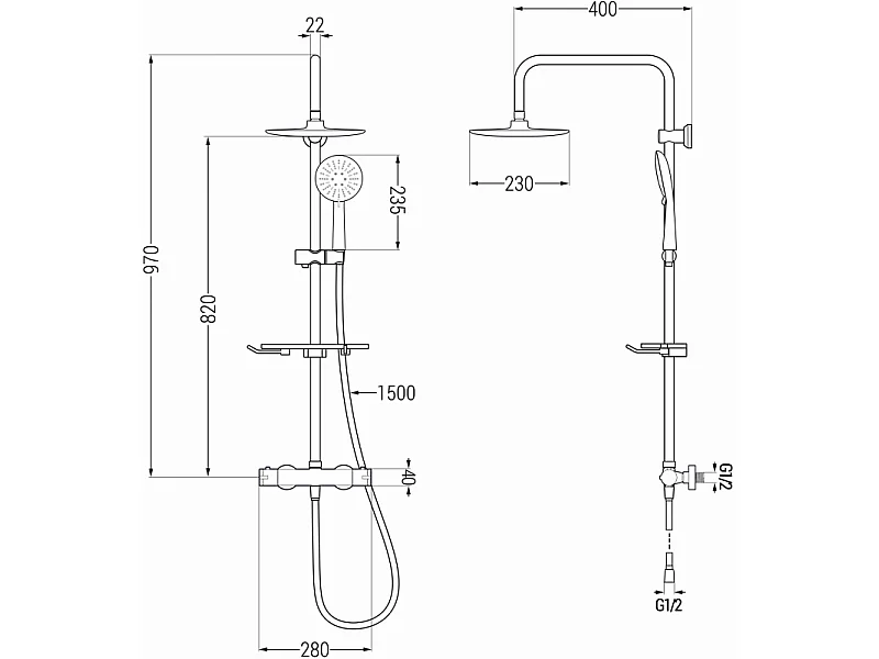 Mexen KT67 conjunto de duche de superfície com chuveiro de teto e misturadora termostática, preto - 771506793-70