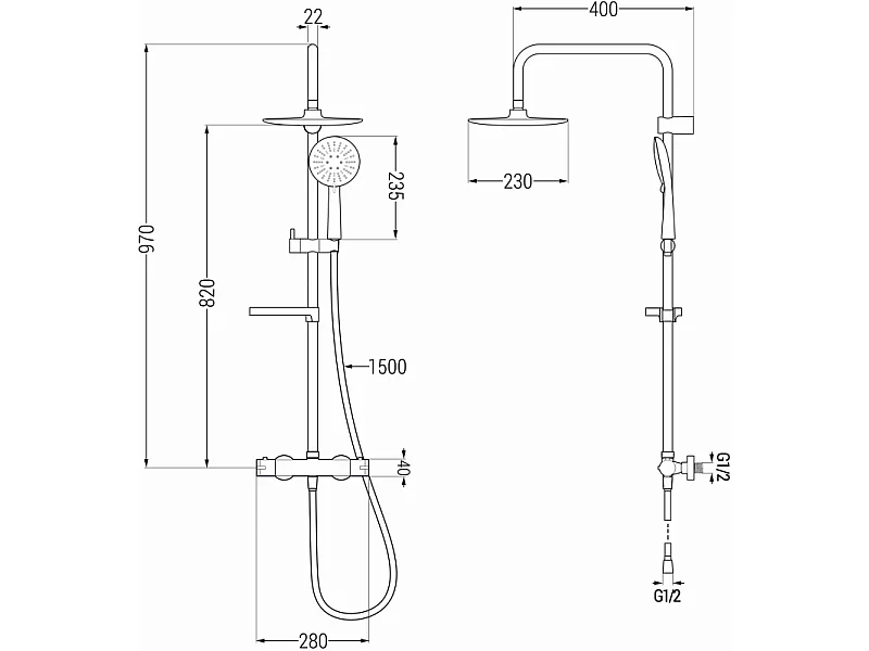 Mexen KX33 conjunto de chuveiro externo com chuveiro de teto e misturadora termostática, cromado - 771503391-00