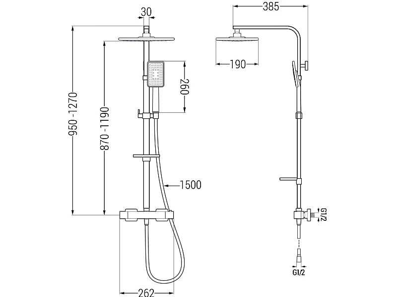 Mexen CQ54 conjunto de chuveiro de superfície com chuveiro de cabeça e misturadora termostática, branco/cromado