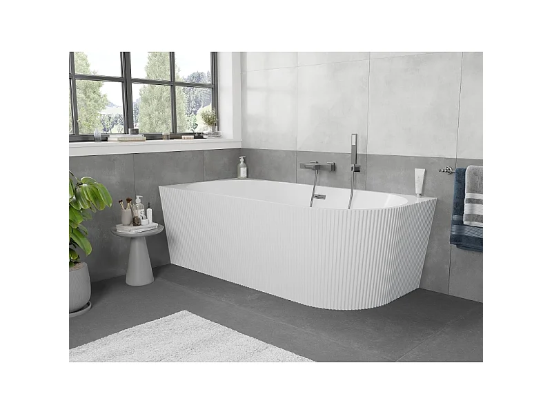 Mexen Silo baignoire îlot d'angle gauche rainurée 150 x 75 cm, blanche, trop-plein gris canon brossé - 52891507500L-66