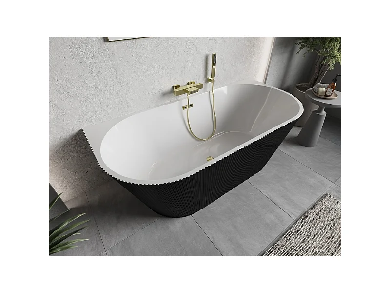 Mexen Oris vrijstaande wandbadkuip geribbeld 150 x 75 cm, wit/zwart, overloop goud - 52871507575-50