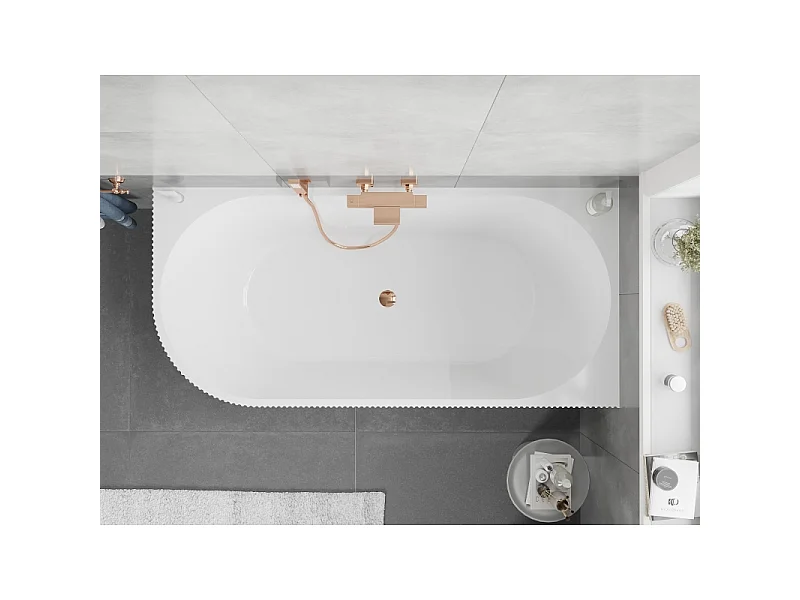Mexen Silo freestanding corner right ribbed bathtub 170 x 80 cm, white/gray, overflow rose gold - 52891708062P-60