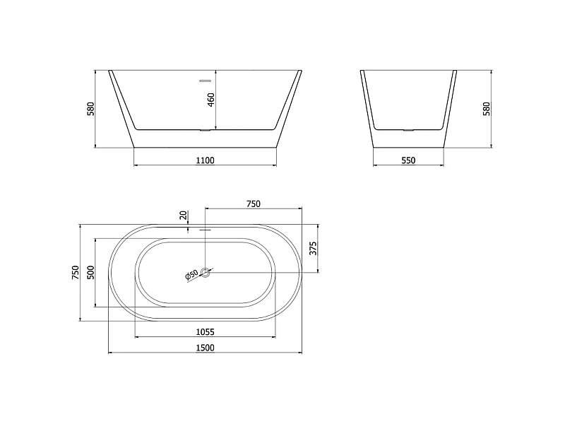 Mexen Flavia vrijstaande badkuip 150 x 75 cm, wit/zwart, overloop gun gray geborsteld - 54031507575-66