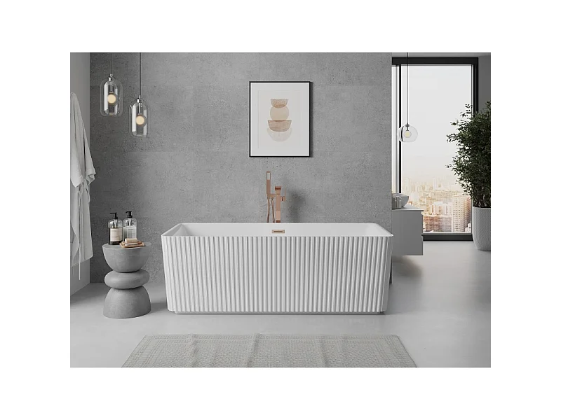 Mexen Nila vrijstaande geribbelde badkuip 170 x 75 cm, wit, geborsteld koper overloop - 52841708000-65