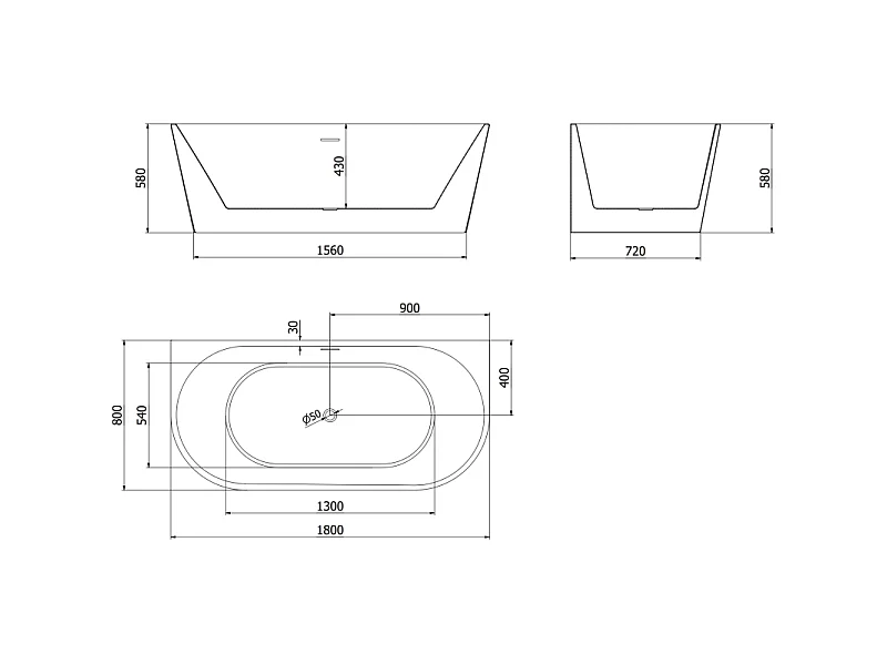 Mexen Oval freestanding wall-mounted bathtub 180 x 80 cm, white/black, brushed copper overflow - 52671808075-65