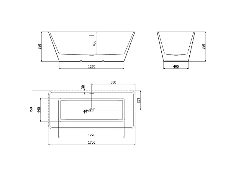 Mexen Tava freestanding ribbed bathtub 170 x 75 cm, white, brushed nickel overflow - 52851707500-97