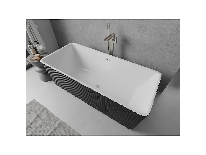 Mexen Nila vrijstaande geribbelde badkuip 170 x 75 cm, wit/zwart, overloop geborsteld nikkel - 52841708075-97