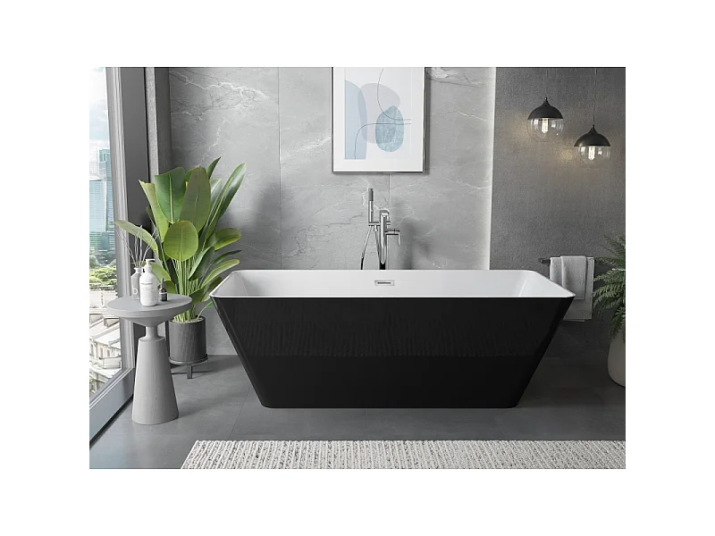 Mexen Velo Slim Free-standing Bathtub 170 x 75 cm, White/Black, Chrome Overflow - 52811707575-01