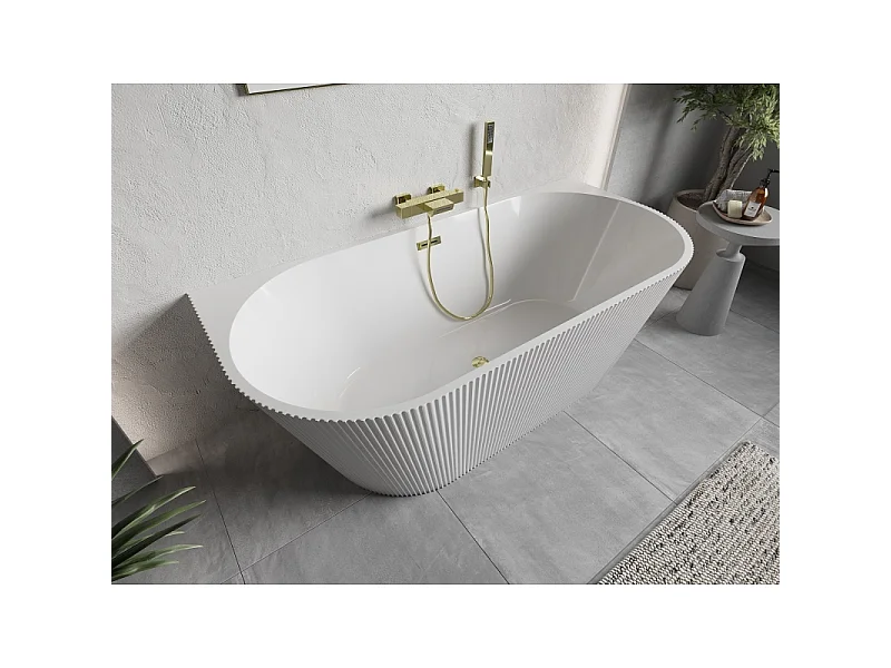 Mexen Oris freestanding wall bathtub fluted 170 x 80 cm, white, gold brushed overflow - 52871708000-55