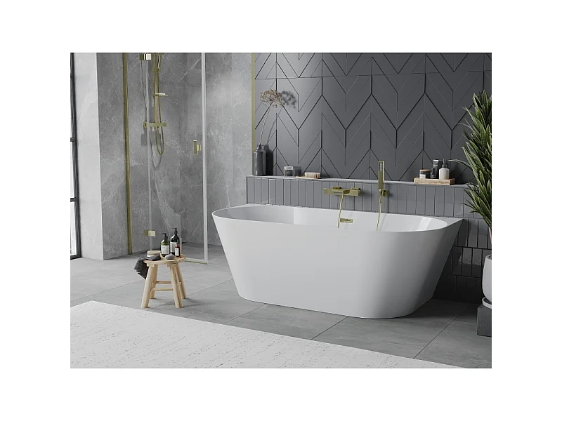 Mexen Oval Slim banheira de canto independente 170 x 80 cm, branca, transbordo dourado - 52661708000-50