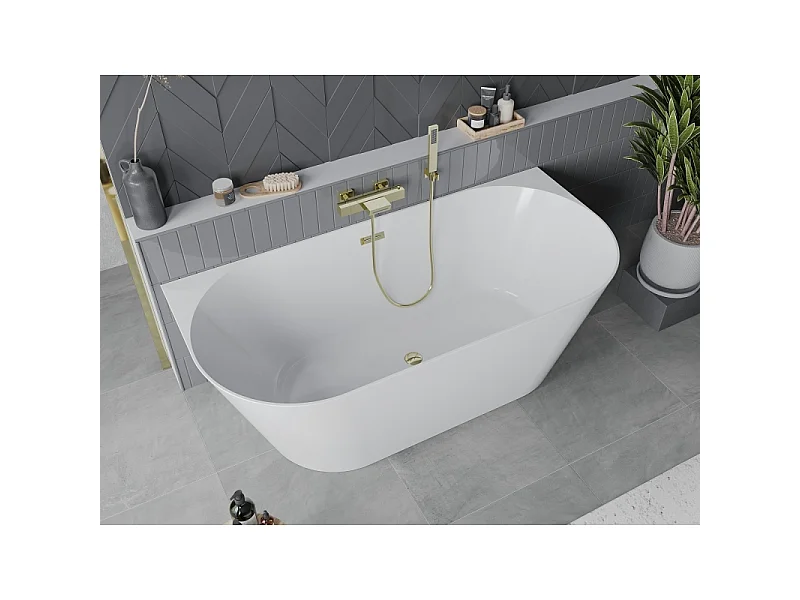 Mexen Oval Slim banheira de canto independente 170 x 80 cm, branca, transbordo dourado - 52661708000-50
