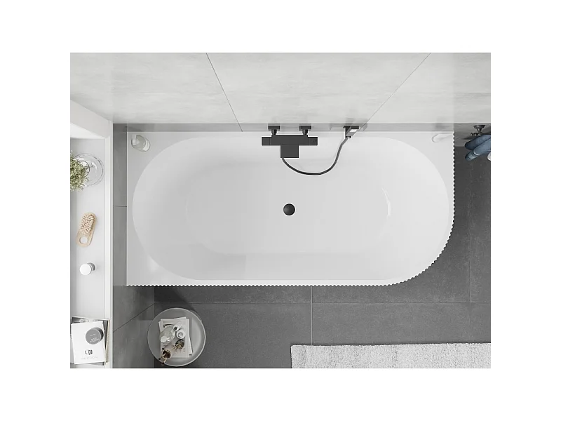 Mexen Silo freestanding corner left fluted bathtub 150 x 75 cm, white/gray, black overflow - 52891507562L-70