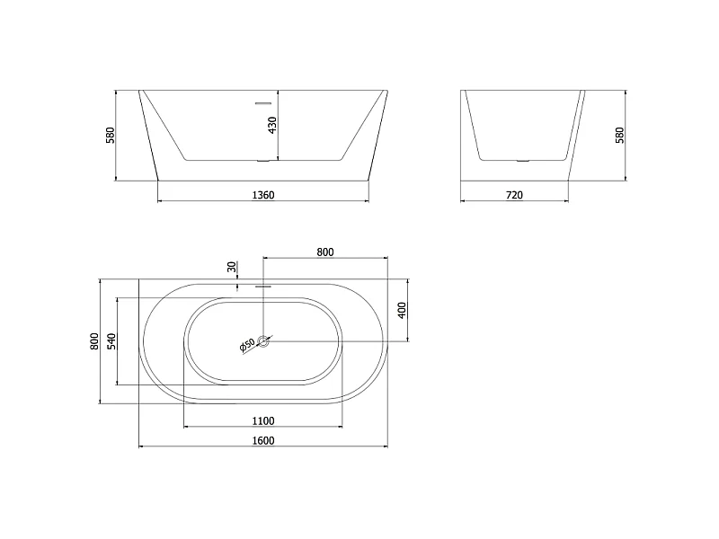 Mexen Oval wanna wolnostojąca przyścienna 160 x 80 cm, biała, przelew gun metal - 52671608000-95