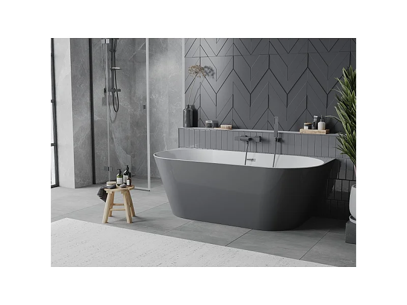 Mexen Oval Slim baignoire autoportante adossée 170 x 80 cm, blanche/grise, trop-plein gris canon brossé - 52661708062-66