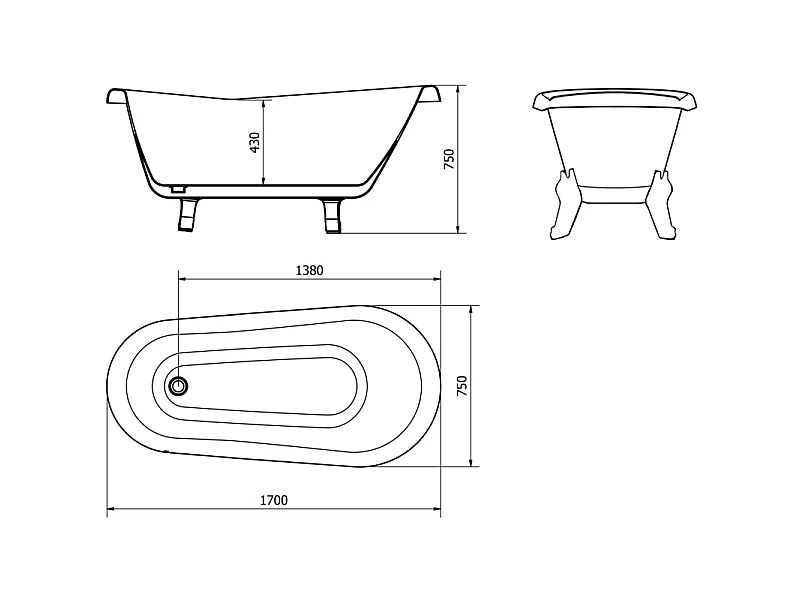 Mexen Retro baignoire autoportante 170 x 75 cm, blanche/noire, pieds blancs - 53251707575-20