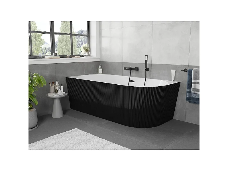 Mexen Silo freestanding corner left grooved bathtub 150 x 75 cm, white/black, black overflow - 52891507575L-70
