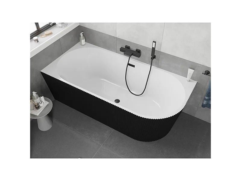 Mexen Silo freestanding corner left grooved bathtub 150 x 75 cm, white/black, black overflow - 52891507575L-70