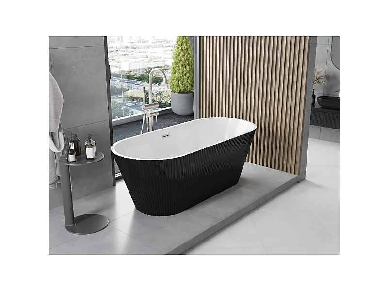 Mexen Yara fritstående rillet badekar 170 x 75 cm, hvid/sort, overløb børstet nikkel - 52861707575-97
