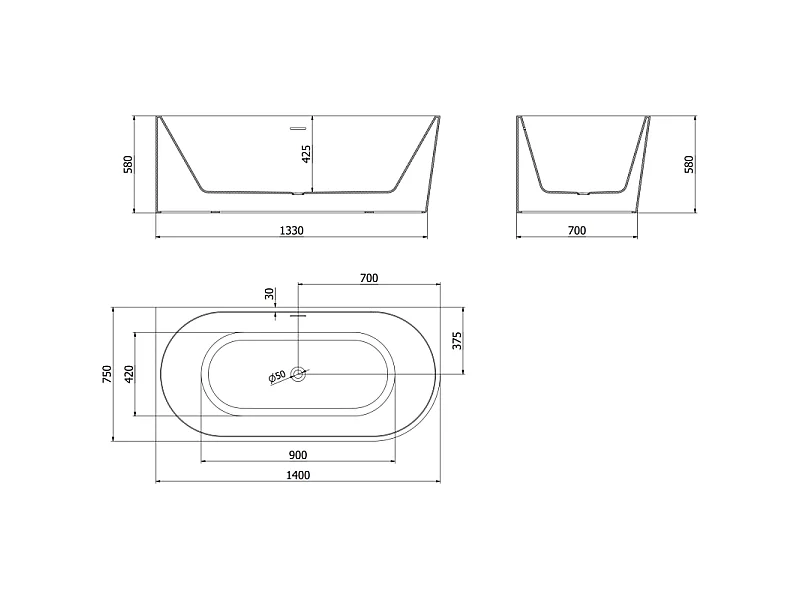 Mexen Mia freestanding corner bathtub left 140 x 75 cm, white, black overflow - 52691407500L-70