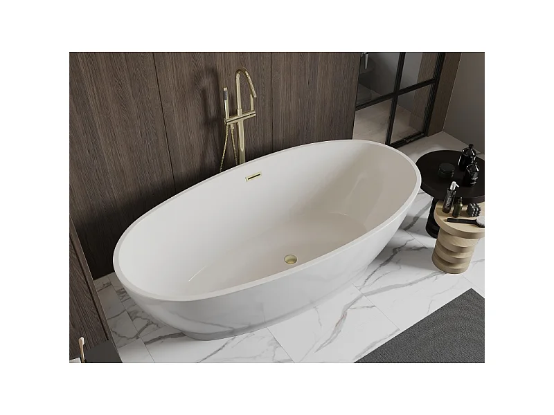 Mexen Bilbao freistehende Badewanne 180 x 90 cm, weiß, Überlauf gebürstetes Gold - 51311809000-55