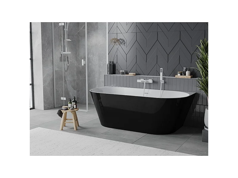 Mexen Oval Slim freistehende an der Wand befestigte Badewanne 170 x 80 cm, weiß/schwarz, weißer Überlauf - 52661708075-20