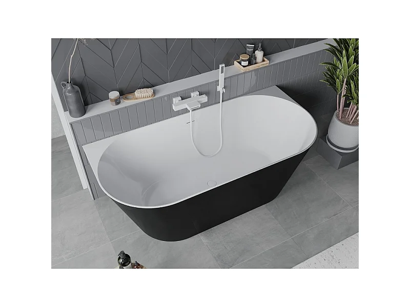 Mexen Oval Slim freistehende an der Wand befestigte Badewanne 170 x 80 cm, weiß/schwarz, weißer Überlauf - 52661708075-20