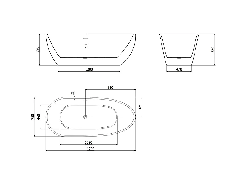 Mexen Eos fritstående badekar 170 x 75 cm, hvid/sort, hvid overløb - 52471707575-20