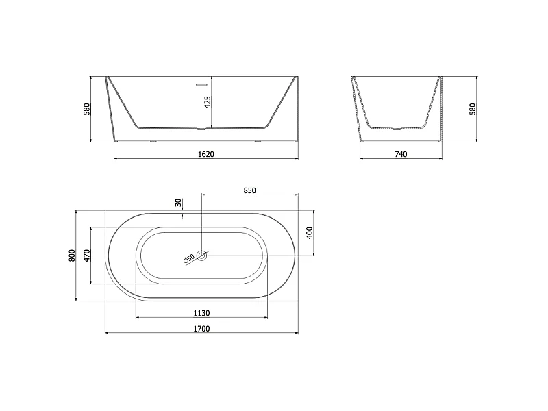 Mexen Mia right corner freestanding bathtub 170 x 80 cm, white, chrome overflow - 52691708000P-01